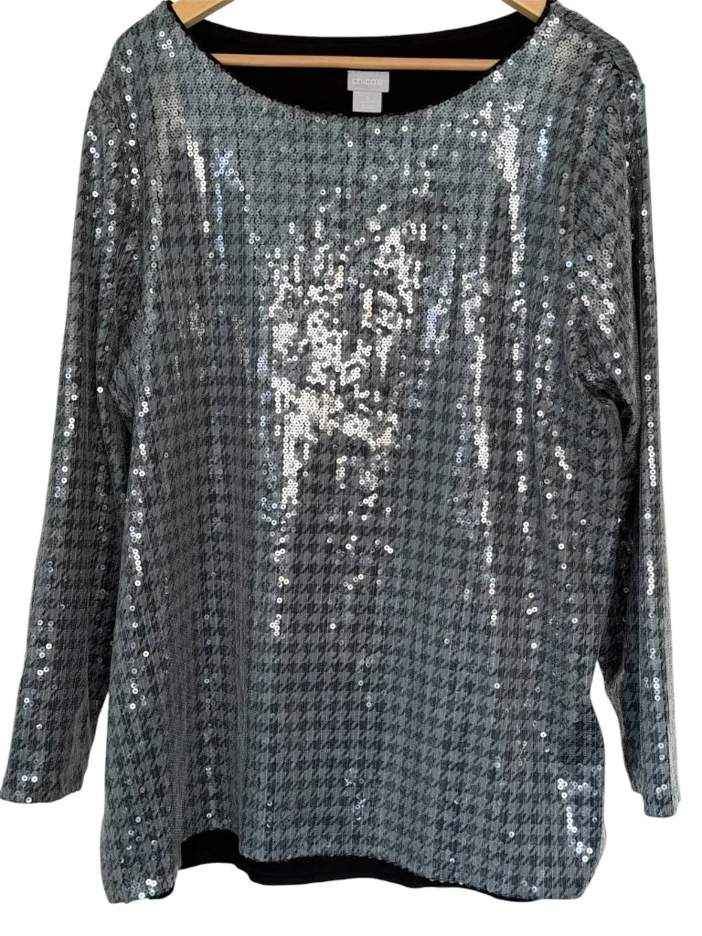 Chico Houndstooth Sequin Tunic Knit Top Glam Sparkle Metallic Silver Gray 3 (XL)